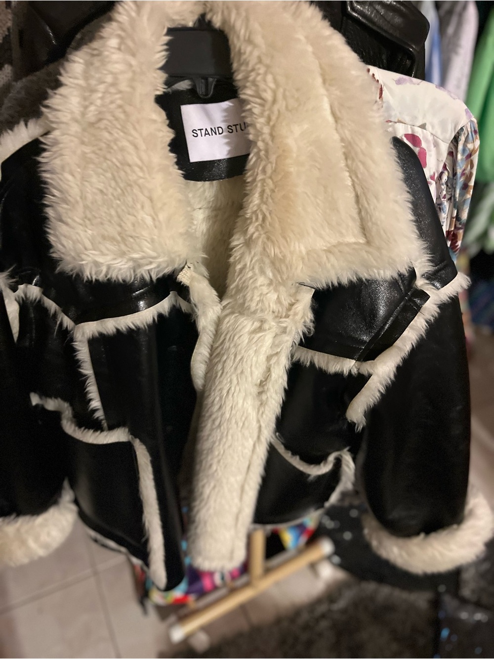 Stand Studio Black Jacket with Cream Faux Shearling Collar - Picture 4 of 8